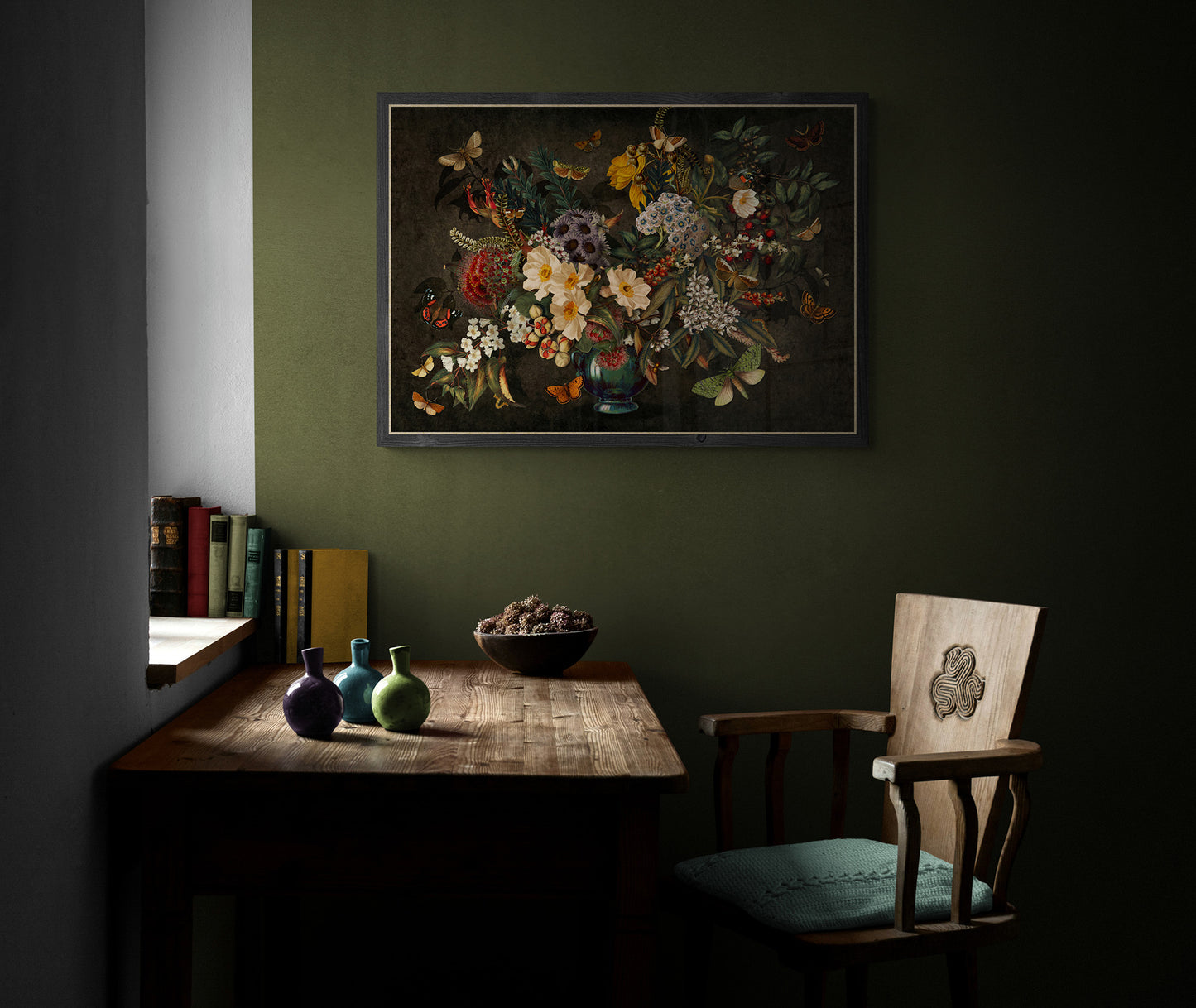 Vintage NZ floral still life art print in moody interior with olive green wall.