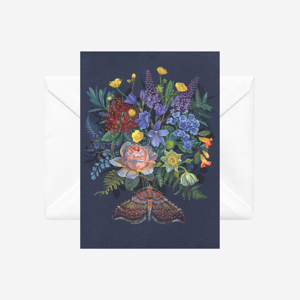 Greeting card of a NZ native flower bouquet by Tanya Wolfkamp. It comes with a white envelope.