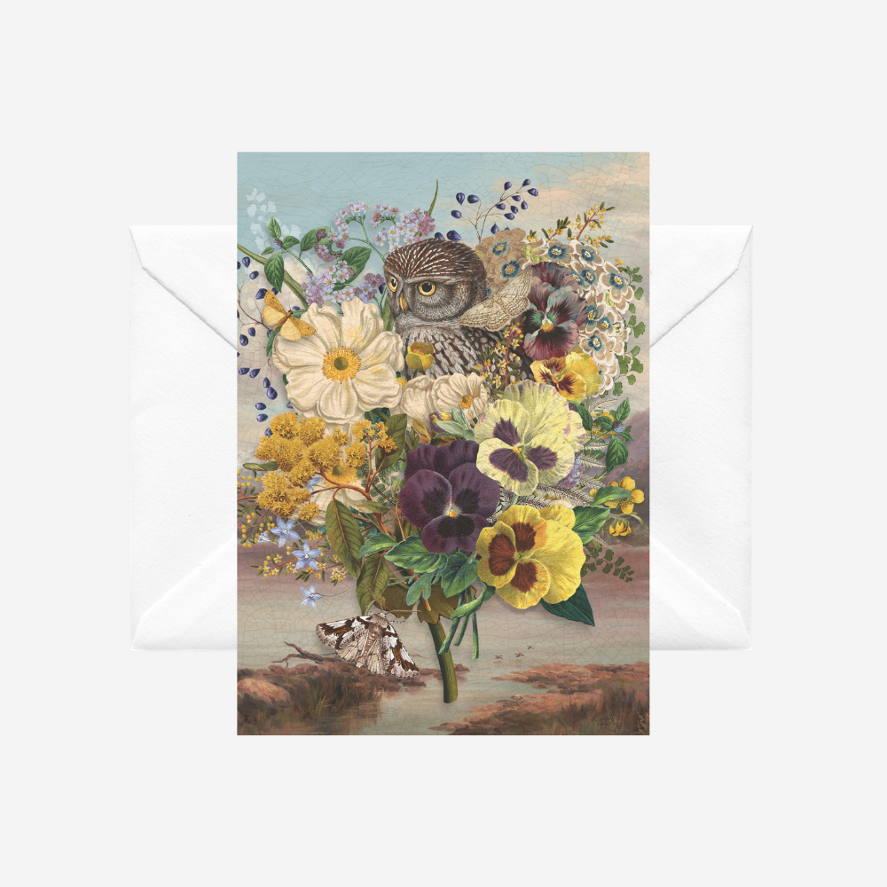 Card with vintage collage of NZ flowers and ruru owl with a white envelope, by artist Tanya Wolfkamp