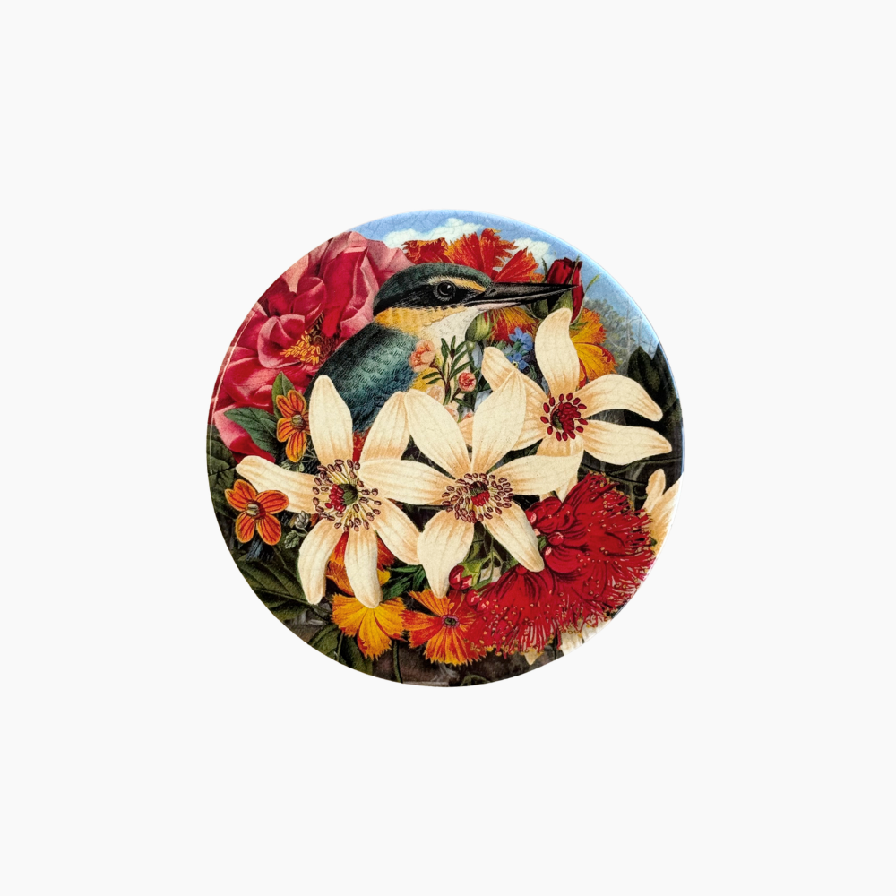 Ceramic coaster of kingfisher and clematis by Tanya Wolfkamp