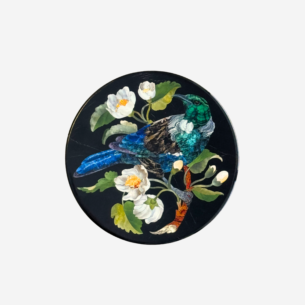 Pietra dura style coaster of Tui and mountain lacebark by Tanya Wolfkamp