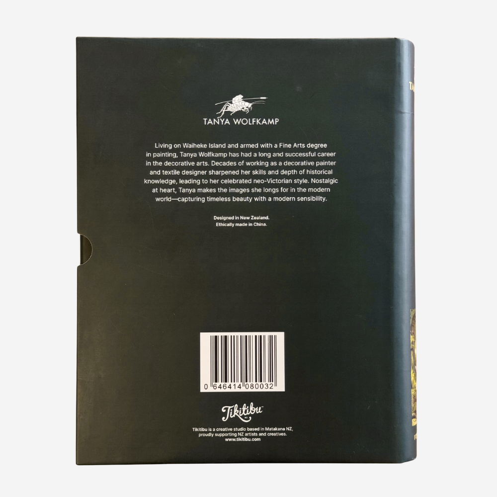 Back cover of a book with text and branding on a white background