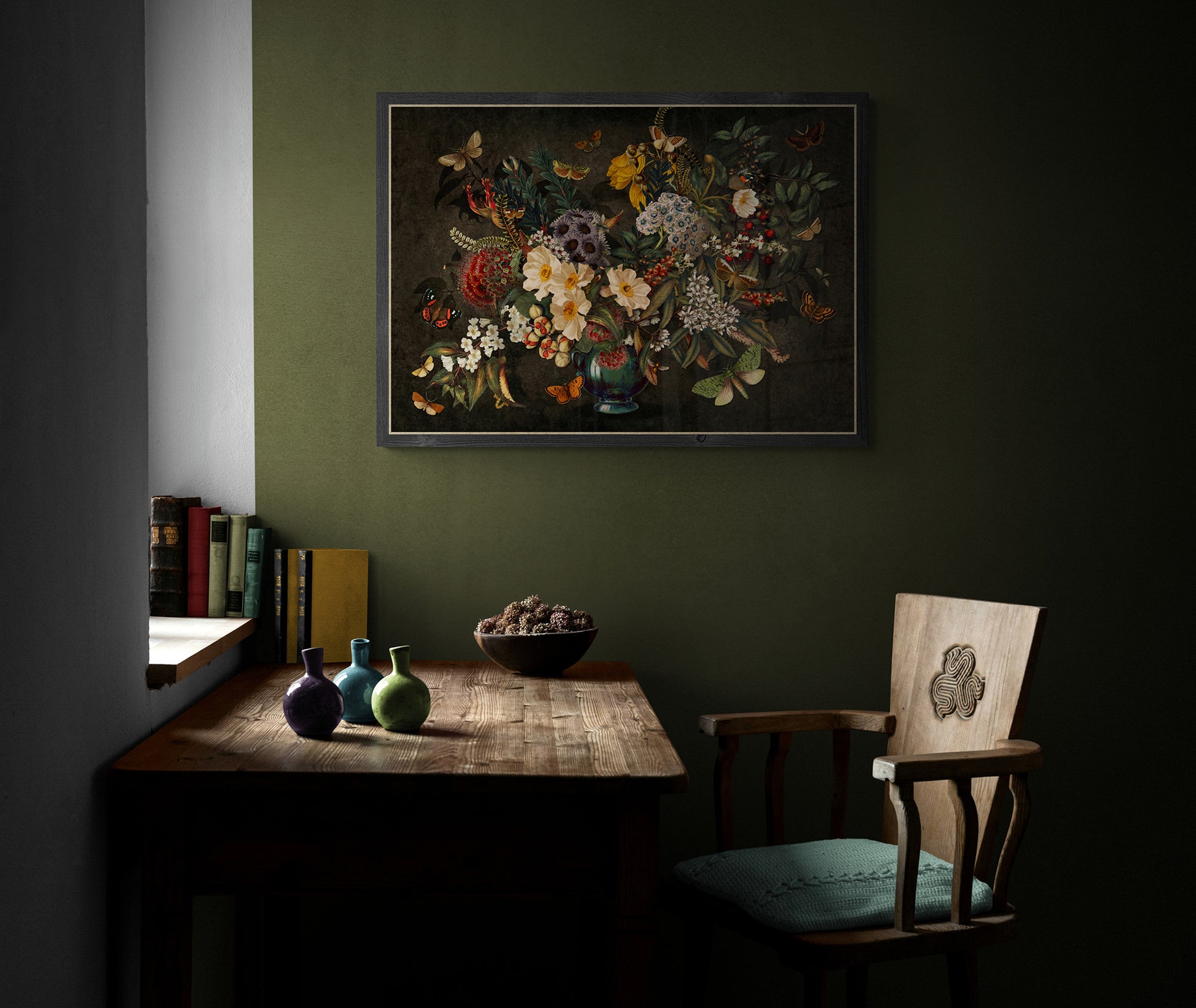 Vintage NZ floral still life art print in moody interior with olive green wall.