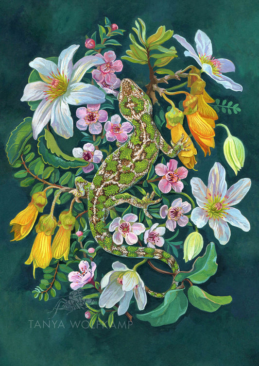 Gouache painting of a jeweled gecko among kowhai, clematis and manuka on a dark teal green background by  by Tanya Wolfkamp.