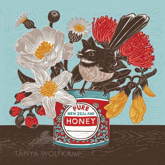 Linocut of a fantail or piwakawaka and NZ native flowers posy in a vintage honey tin, by Tanya Wolfkamp.