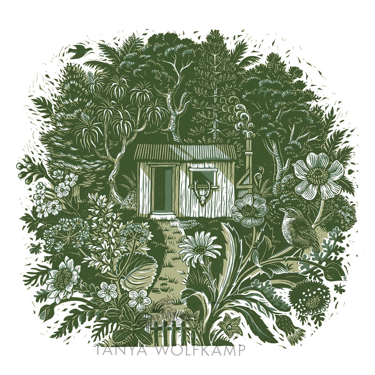 Linocut of an alpine back country hut surrounded by NZ alpine plants and flowers, by Tanya Wolfkamp