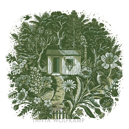 Linocut of an alpine back country hut surrounded by NZ alpine plants and flowers, by Tanya Wolfkamp