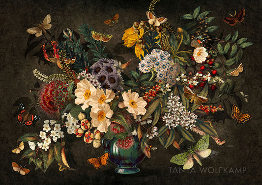 Detailed still life of NZ native flowers and butterflies on a dark background, artist Tanya Wolfkamp.
