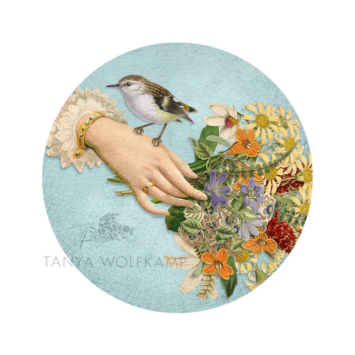 Vintage collage of a hand with a rifleman perched on it surrounded by NZ flowers by Tanya Wolfkamp