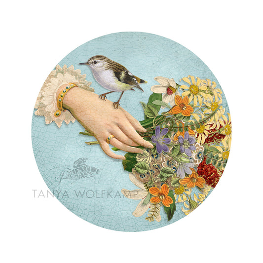 Vintage collage of a hand with a rifleman perched on it surrounded by NZ flowers by Tanya Wolfkamp