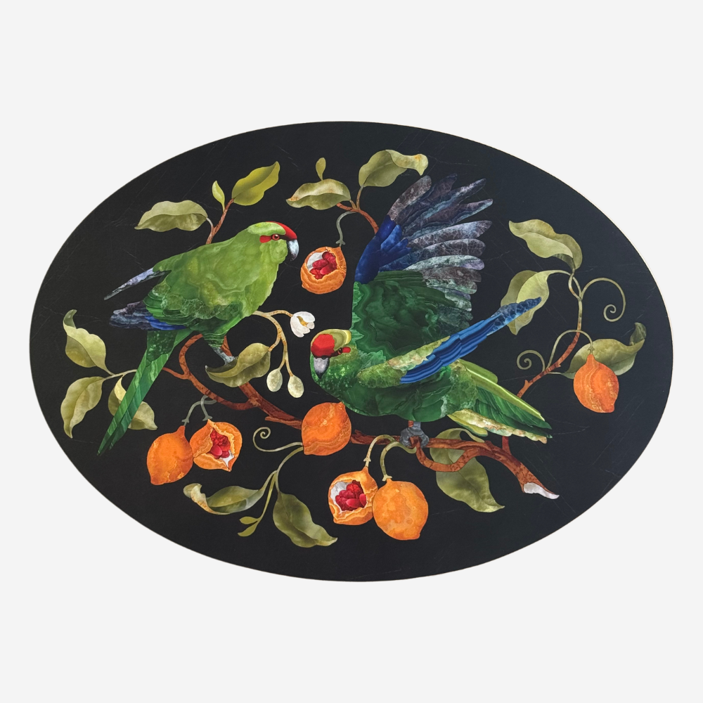 Decorative oval mat with parrot and fruit design on a black background