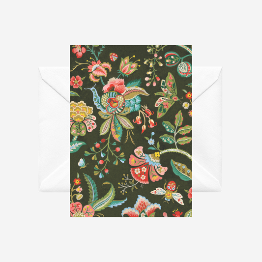 Greeting card with a colourful jacobean pattern of NZ native flowers by Tanya Wolfkamp. It comes with a white envelope.