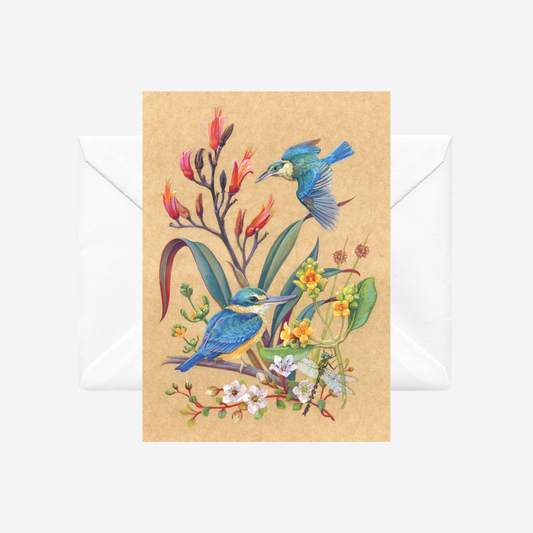 Card with painting of kotare or kingfishers on cardboard with a white envelope, by artist Tanya Wolfkamp