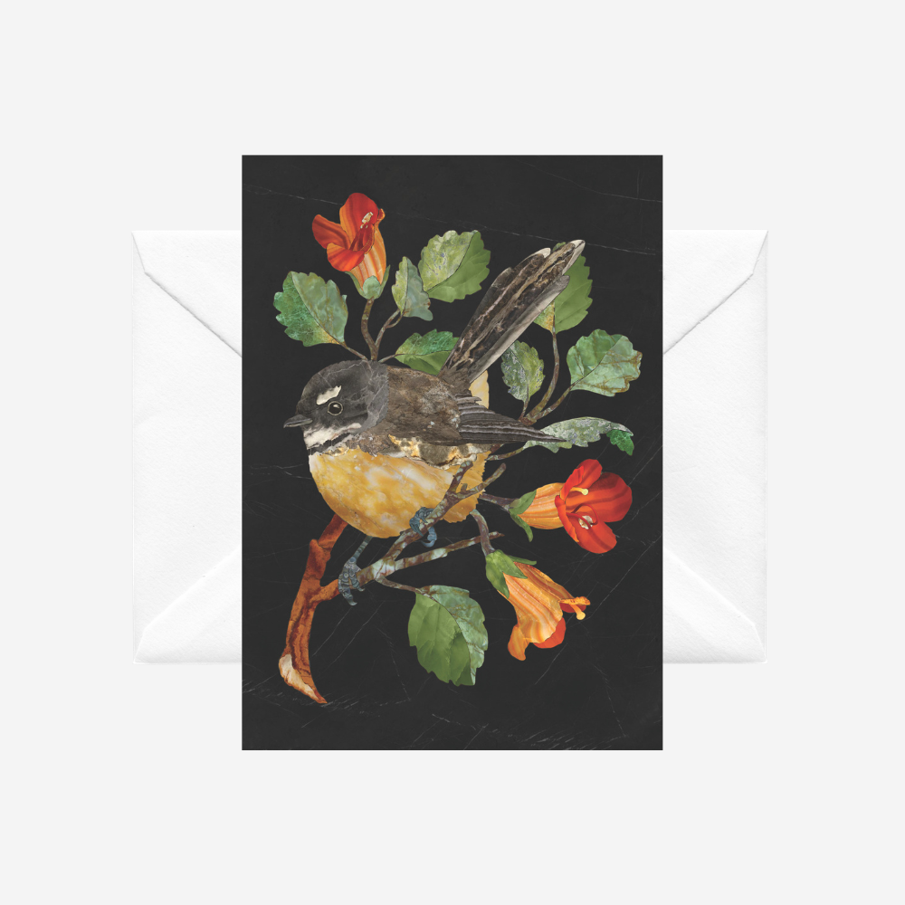 Greeting card with a fantail bird and NZ taurepo in a pietra dura style by Tanya Wolfkamp. It comes with a white envelope.