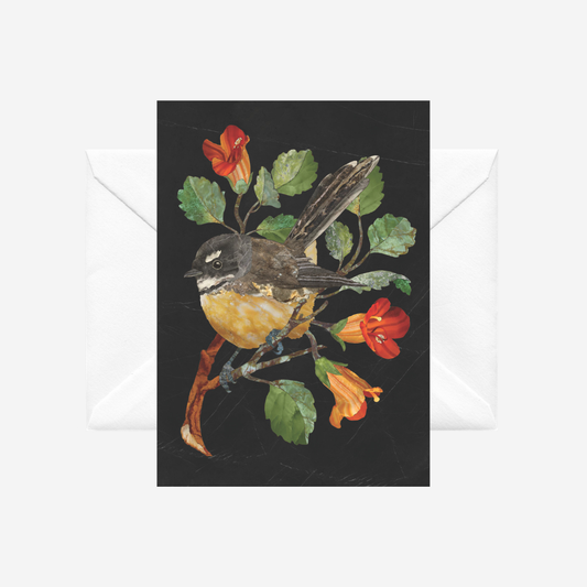 Greeting card with a fantail bird and NZ taurepo in a pietra dura style by Tanya Wolfkamp. It comes with a white envelope.