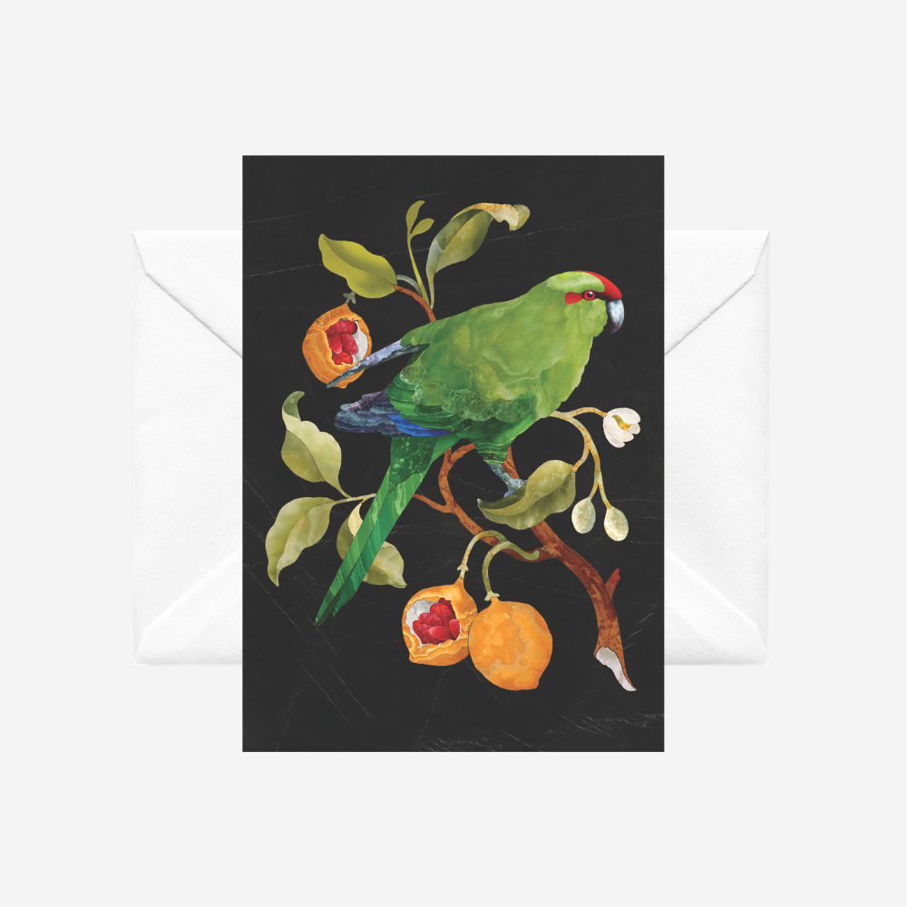 Greeting card with a kakariki and kohia fruit in inlaid stone style by Tanya Wolfkamp