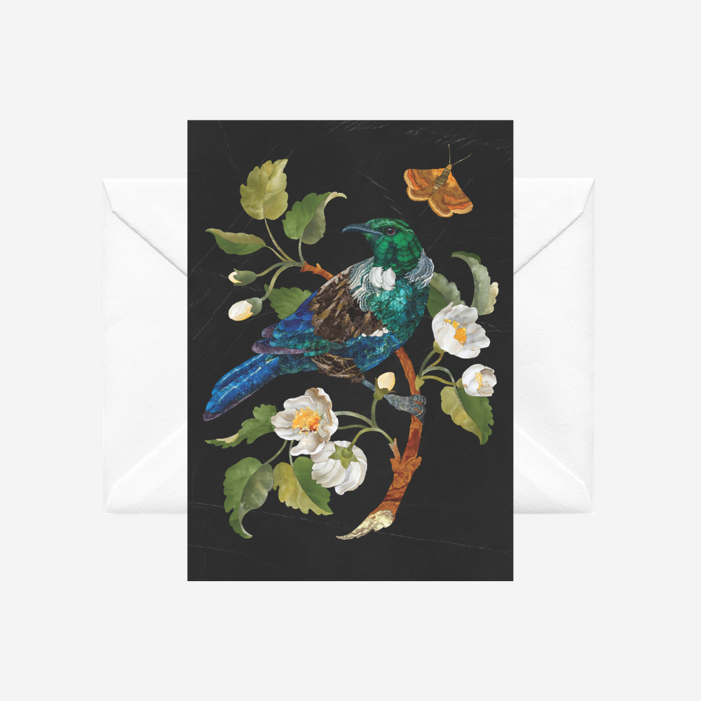 Greeting card with a Tui bird and NZ and hoheria in a pietra dura style by Tanya Wolfkamp. It comes with a white envelope.