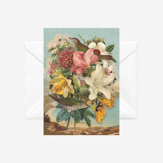 Card with vintage collage of NZ flowers and cuckoos with a white envelope, by artist Tanya Wolfkamp