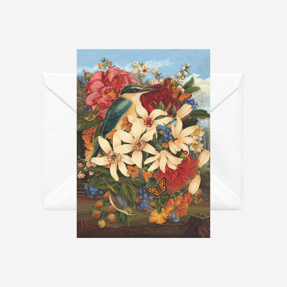 Card with vintage collage of NZ flowers and kingfisher with a white envelope, by artist Tanya Wolfkamp