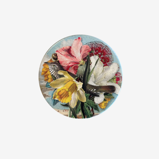 Ceramic coaster of cuckoo and vintage flowers by Tanya Wolfkamp