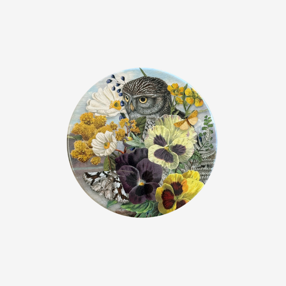 Vintage floral coaster of pansies and ruru owl by Tanya Wolfkamp