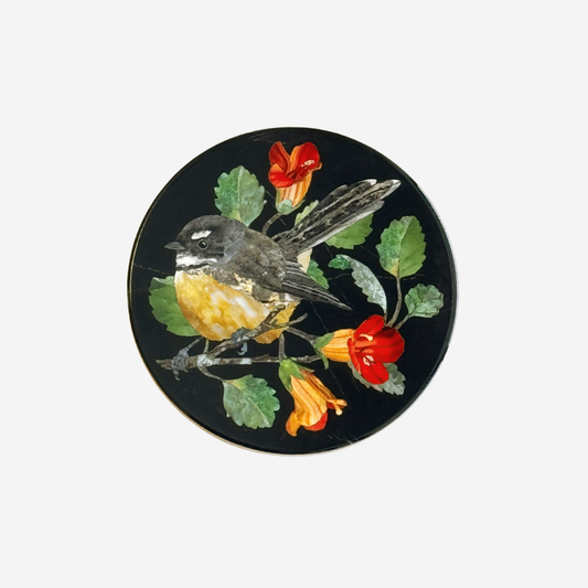 Pietra dura style coaster of fantail and taurepo by Tanya Wolfkamp