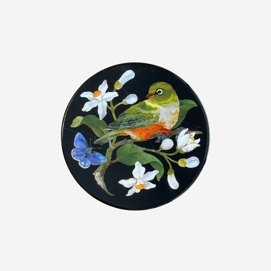 Pietra dura style coaster of waxeye, citrus blossoms and blue butterfly by Tanya Wolfkamp
