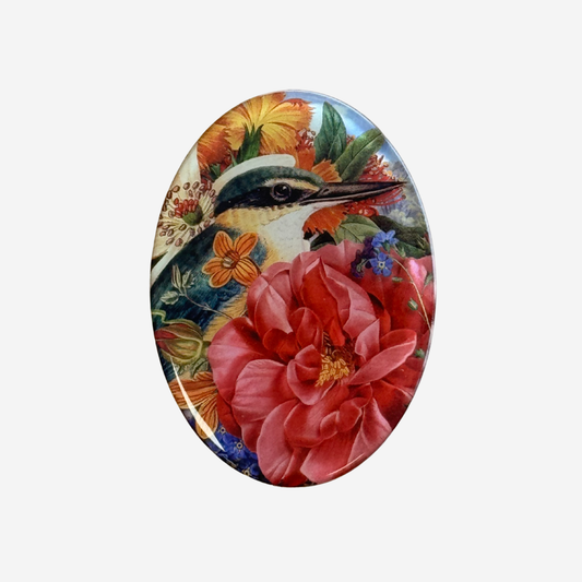 Oval fridge magnet with kingfisher and rose and clematis by Tanya Wolfkamp