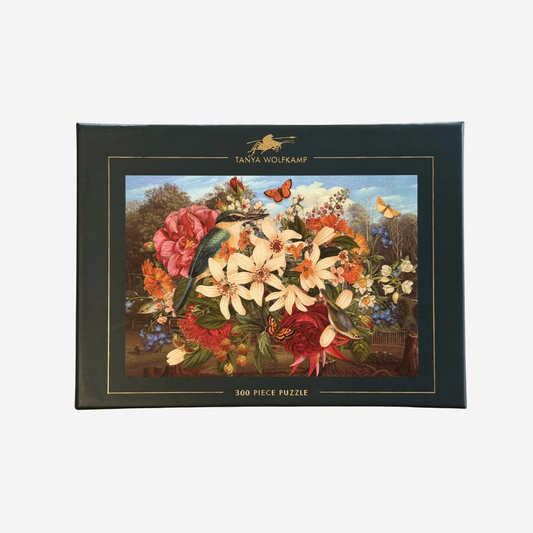 NZ 300 piece jigsaw puzzle with vintage floral and kingfisher art by Tanya Wolfkamp