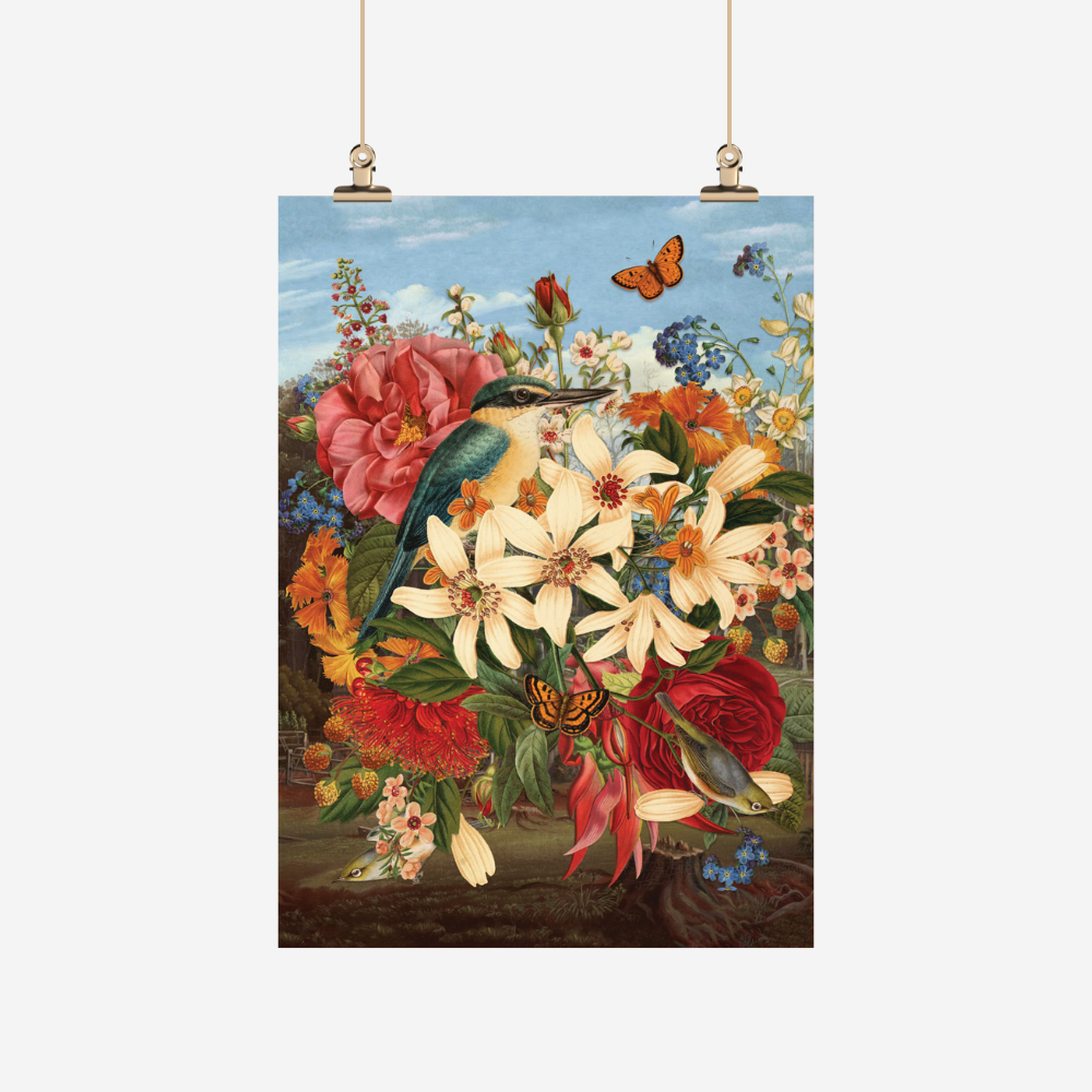 Teatowel with NZ flowers, kingfisher and butterflies by Tanya Wolfkamp