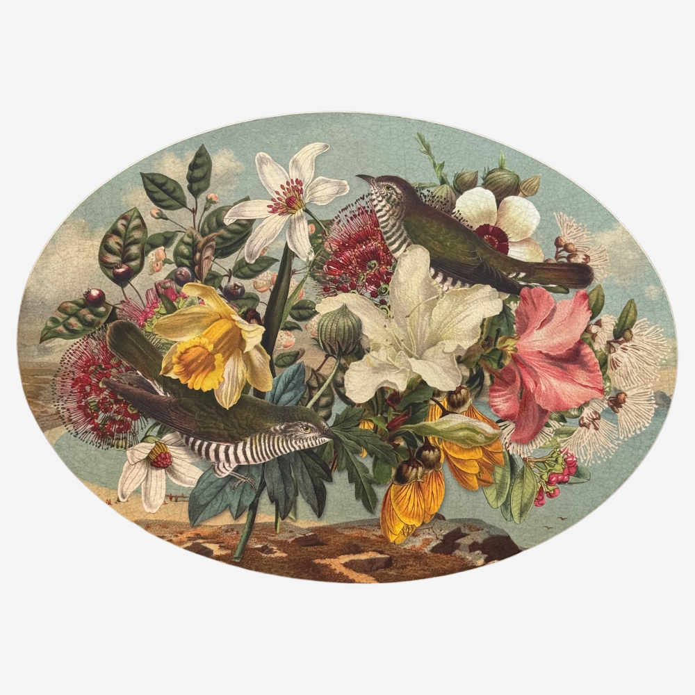 Vintage-style illustration of birds and flowers in a natural setting