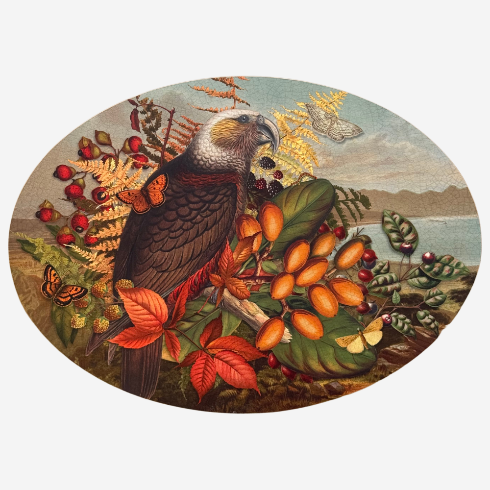 Decorative oval with a bird, fruits, and leaves on a white background