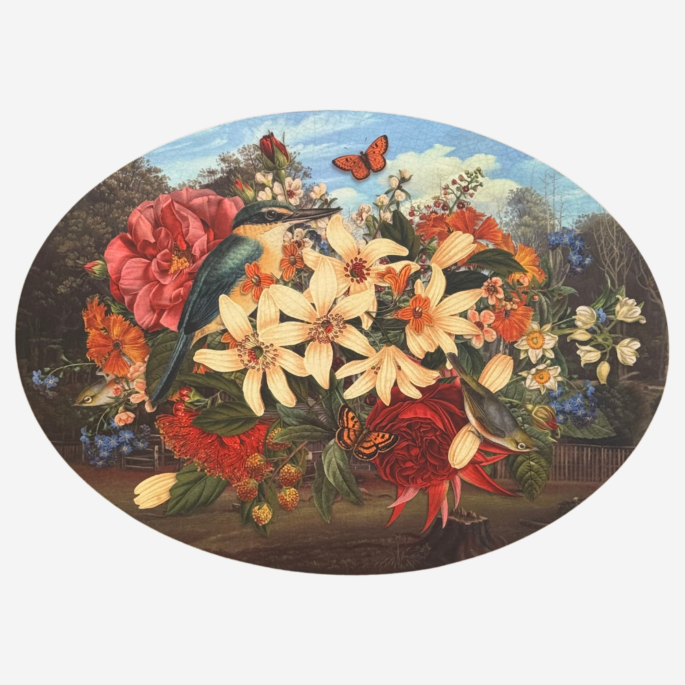 Decorative oval with birds, flowers, and butterflies on a white background