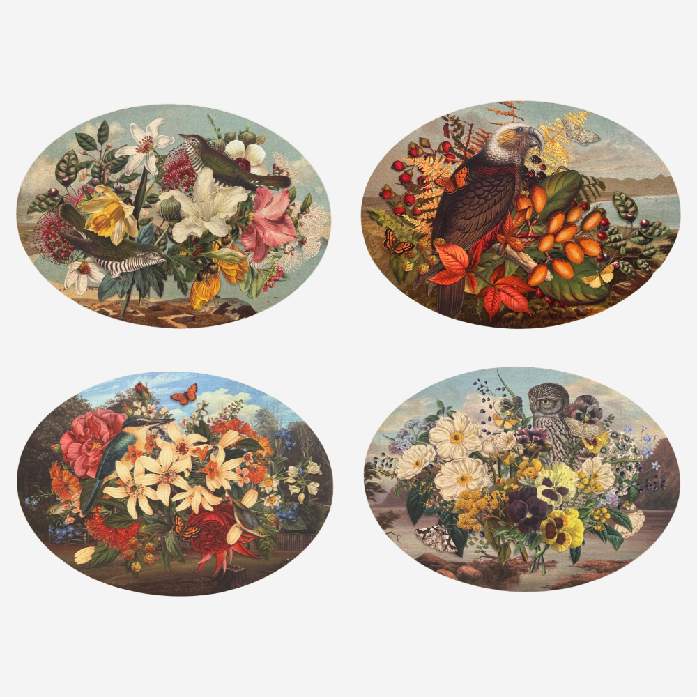 Four oval illustrations of birds and flowers on a white background